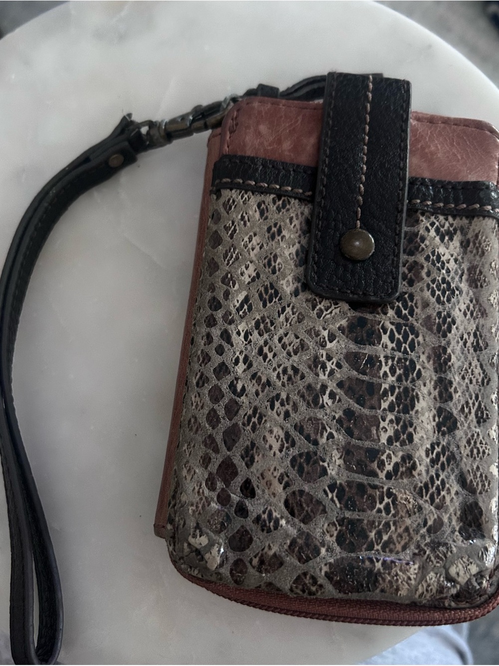 Women's Snake-Print Wristlet Phone Pouch in Brown and Black- The Sak